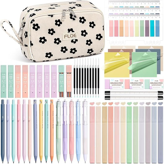 62PCS Aesthetic School Supplies, Cute Back to School Supplies College Essentials Preppy Stationary Set with Large Pencil Pouch Case, Pastel Highlighters Gel Pens Mechanical Pencils for Student Girls
