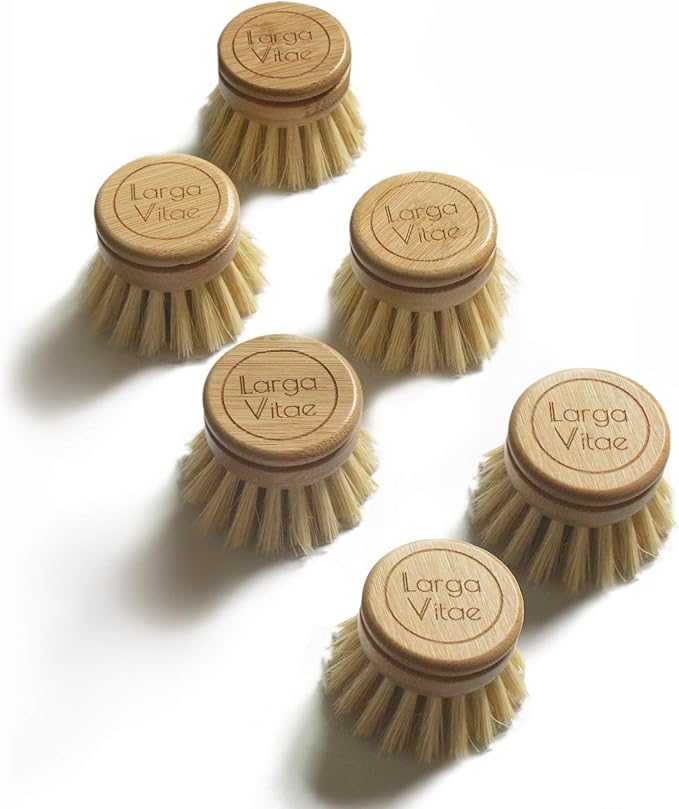 Larga Vitae 6 pcs Wooden Dish Brush Replacement Heads Made of Renewable Bamboo Wood and Natural Bristle Fiber, Durable, Long Lasting (Tampico Fiber)