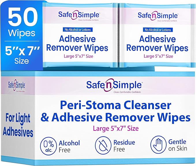 Safe n' Simple Adhesive Remover for Skin - 5"x7" 50 Wipes - Stoma Adhesive Remover Wipes - Alcohol Free Wipes for Sensitive Skin - No Sting Adhesive Remover Wipes