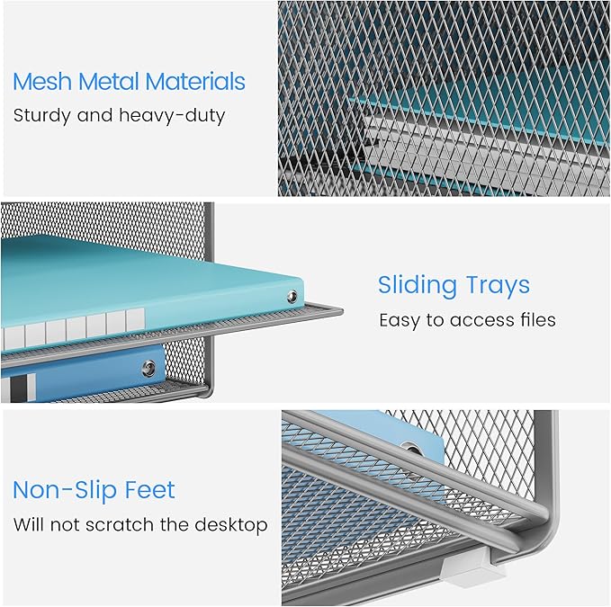 Lavatino Desk Paper File Organizer - Metal Mesh with 2 Letter Trays, 7 Flexible Dividers, 2 Vertical File Folder Holders for Office/Home/Classroom Supplies, Desk Organizers and Accessories, Silver