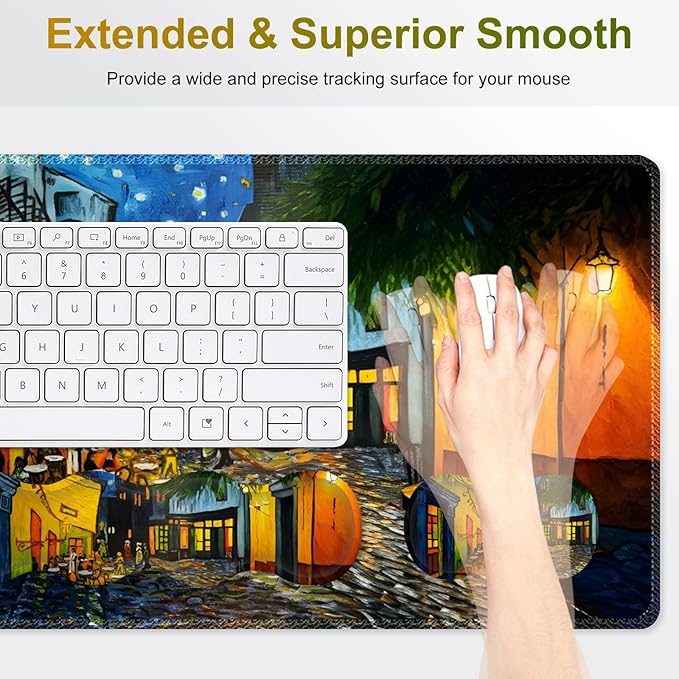 Desk Mat Gaming Mouse Pad, Cute Desk Matt Keyboard Wrist Rest for Desktop, Anti-Slip Mousepad w/Stitched Edges, XXL Large Mouse Pad with Wrist Support for Desk Computer I Terrace of The Cafe