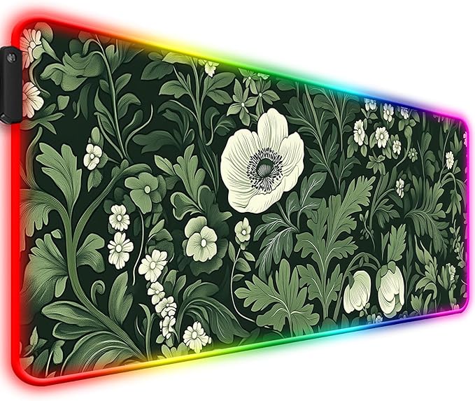 RGB Green Plant Wildflower Gaming Desk Mat, Computer Keyboard Large Extended Long Floral LED Mouse Pad for Office and Home, XL (W26)