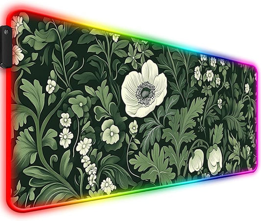 RGB Green Plant Wildflower Gaming Desk Mat, Computer Keyboard Large Extended Long Floral LED Mouse Pad for Office and Home, XL (W26)