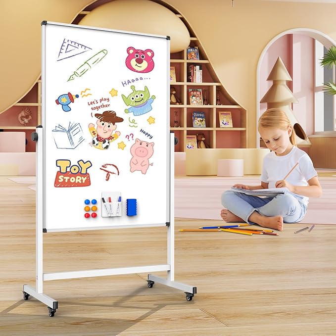 Double-Sided Whiteboard and Corkboard on Wheels, 48 x 32 Inch Magnetic Dry Erase Board with Adjustable Height Stand, Rolling Mobile Board for Office, Classroom, Presentation & Planning (Cork & White)