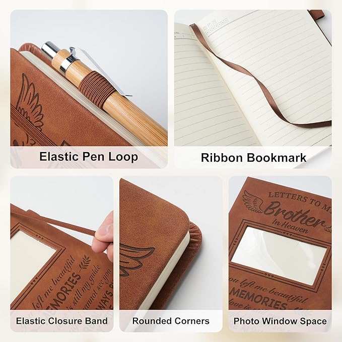 Letters to My Son in Heaven Leather Journal with Photo Slot, Sympathy Gift for Loss of Son, Memorial A5 Notebook with Wood Pen & Keychain, Bereavement Gift for Grieving Parents