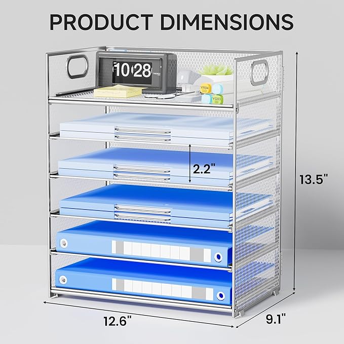 6 Tier Paper Organizer for Desk File Organizer with Handle Mesh Paper Letter Tray Organization for Desktop Document Holder for Office, Home & School-Silver