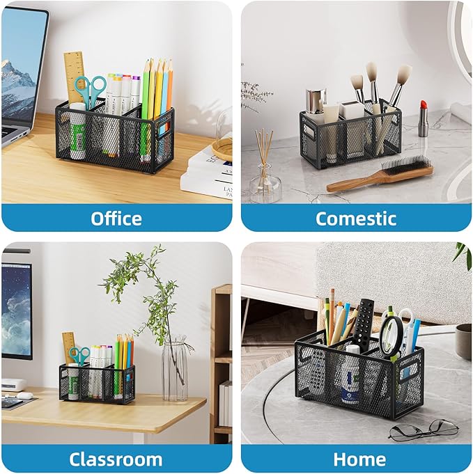 Marbrasse 2P Mesh Pen Holder for Desk,Pencil Holder Desk Organizer 3 Adjustable Compartments,Pencil Cup with Handle Perfect for Classroom, Office, Home,Makeup,Art (Black)