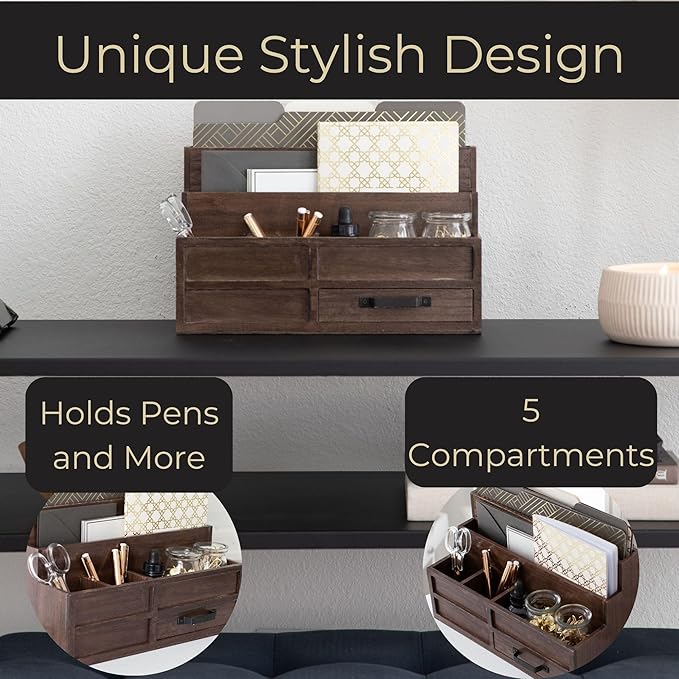 BLU MONACO Brown Wood Mail Organizer with Drawer & Pen Holder – Desk Organizer for Bills, Storage, Countertop & Kitchen