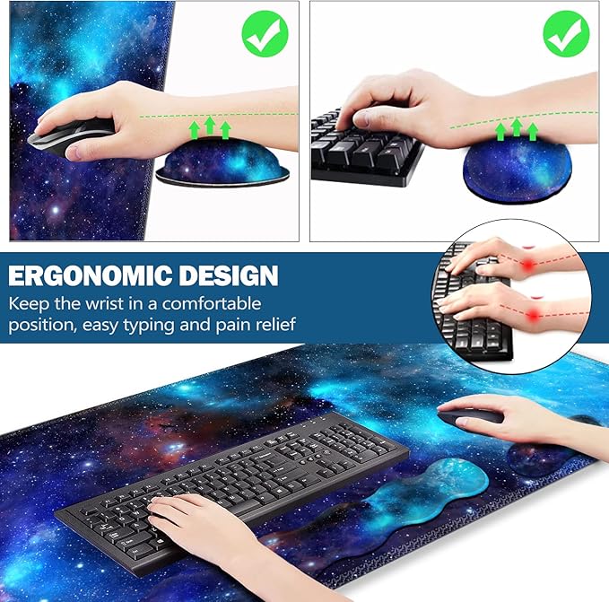 Extended Gaming Mouse Pad, Keyboard Wrist Rest Pad, Wrist Support Mousepad Set, Artso Large Rubber Base Stitched Edges, Multifunctional Desk Pad (35 x15.5 in) for Work, Office, Home, Universe Galaxy