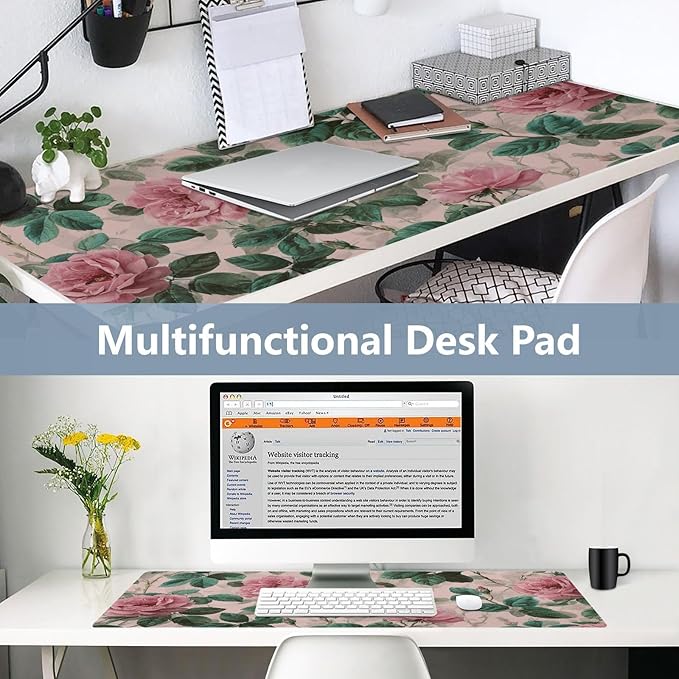 Mouse Pad Desk Mat Leather Desk Pad Large Gaming Desk Cover Protector Mat for Keyboard Computer Laptop Office Waterproof 35.4 x 16.5 Inch Pink Vintage Roses with Leaves