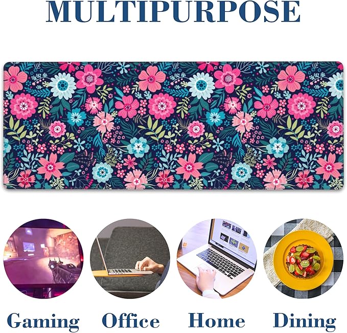 Large Mouse Pad Colorful Flowers Extended Gaming Mousepad Waterproof Desk Pad with Non-Slip Base and Stitched Edge Keyboard Pad XL 11.8 x 31.5 Inch Mouse Mat for Home Office Desk Decor