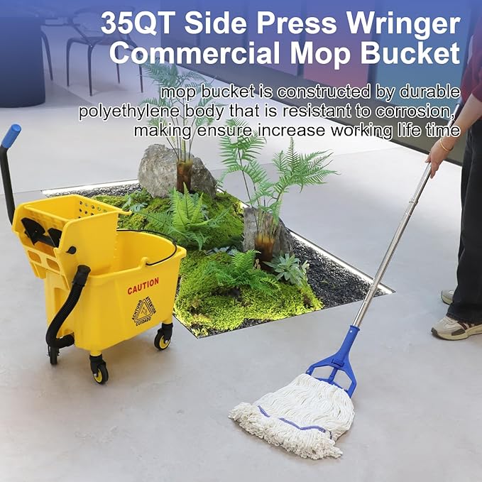 35 Qt. Side-Press Mop Bucket and Wringer Combo on Wheels Yellow for Professional/Industrial/Business Heavy-Duty Floor Cleaning/Mopping,Including Industrial Mop and Rubber Gloves
