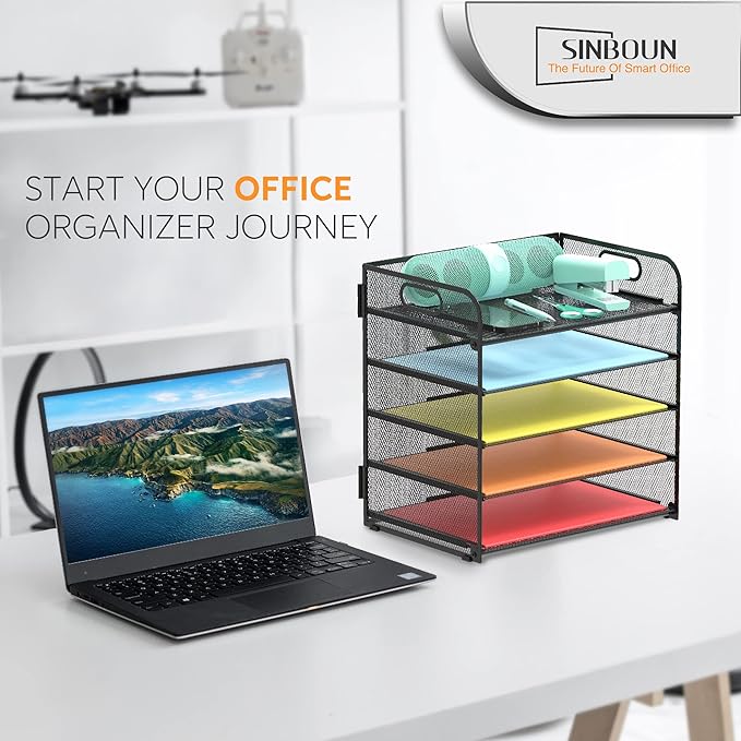 2 Pack Letter Tray 5-Tier Desk Organizer File Paper Holder with Handle, Metal Desktop Document Shelf Tray Office Classroom Organization - Black