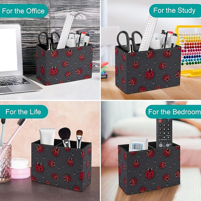 Pen Holder, Pencil Holder for Desk Organizer, Red Ladybugs Waterdrop PU Leather Pencil Cups Desktop Stationery Storage Makeup Brush Holder Pen Organizer for Office Home