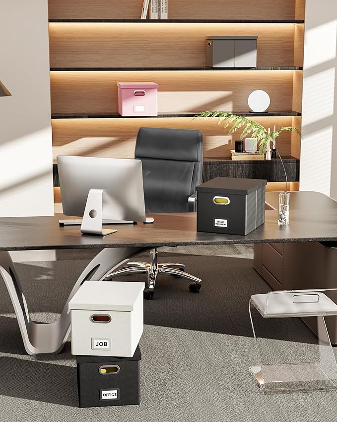 2 Pack File Storage Organizer, Portable File Box with Lid, Fit for Letter/Legal File Folder Storage, White (Leather) - Box only