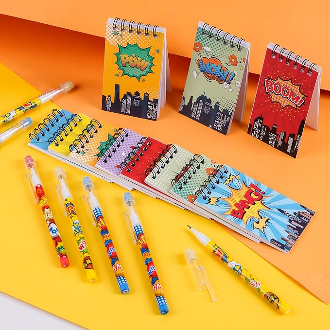Kolewo4ever 48 Pieces Hero Text Theme Set:24Pcs Translucent Pencil Multipoint Non Sharpening Stackable Pencils 24Pcs Mini Spiral Notepad Memo Pad Pocket Notebooks