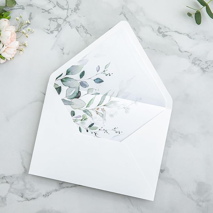 PONATIA 50PCS A7 Euro Flap Envelopes, 5.25 x 7.25'' Liner Envelope For 5x7'' Weddings Invitation Cards, Christmas Gift Cards, Acrylic Invitations, Photos (White & Sage Green Leaves)