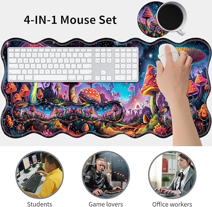 XXL Gaming Mouse Pad Set, 31.5"x11.8" Large Desk Mat with Keyboard Wrist Rest and Mouse Wrist Cushion, Ergonomic Office Mouse Pad for Home & Work Non-Slip Extended Desk Pad, Beautiful Mushrooms