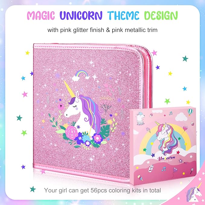 Fruit Scented Markers Set 56Pcs with Glitter Unicorn Pencil Case & Stationery,Art Supplies for Kids Ages 4-6-8, Art Coloring Kits Box,Gifts Toy for Girls Age 5,7,Pencil&Crayon Drawing Stuff