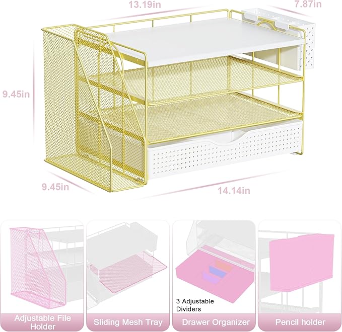Wood Desk Organizers and Accessories with File Holder, 4-Tier Desk Accessories & Workspace Organizers with Drawer and Pen Holder, Paper Organizer for Office Supplies (Gold)