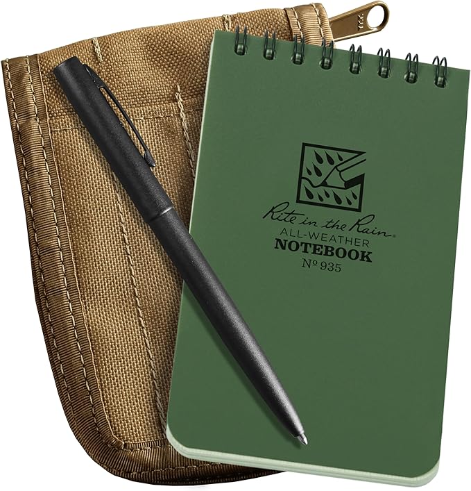 Rite in the Rain Weatherproof 3" x 5" Top Spiral Notebook Kit: Tan CORDURA Fabric Cover, 3" x 5" Green Notebook, and an Weatherproof Pen (No. 935-KITL)