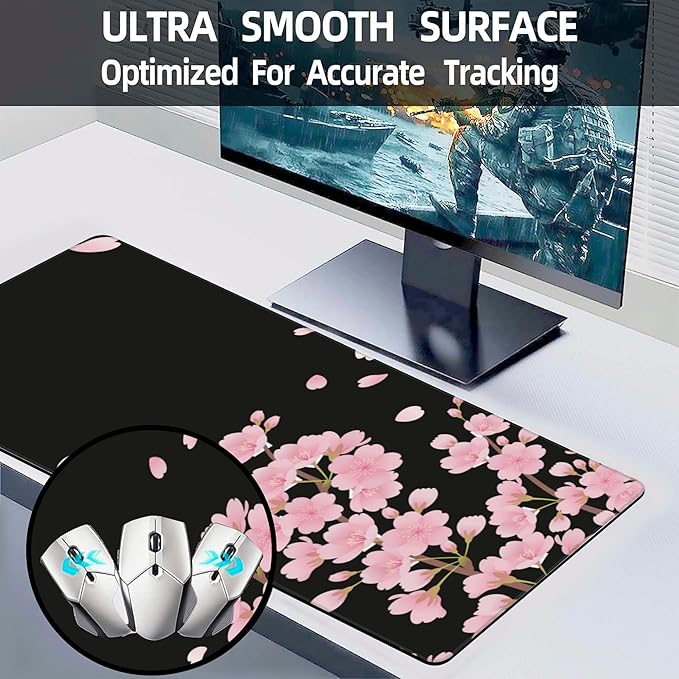 Desk Pad, Pink Cherry Blossoms Extended Large Gaming Mouse Pad for Desk XXL, Large Desk Mat for Desktop with Non-Slip Rubber Base Stitched Edges for Computer Keyboard Home Office 35.4"X15.7"