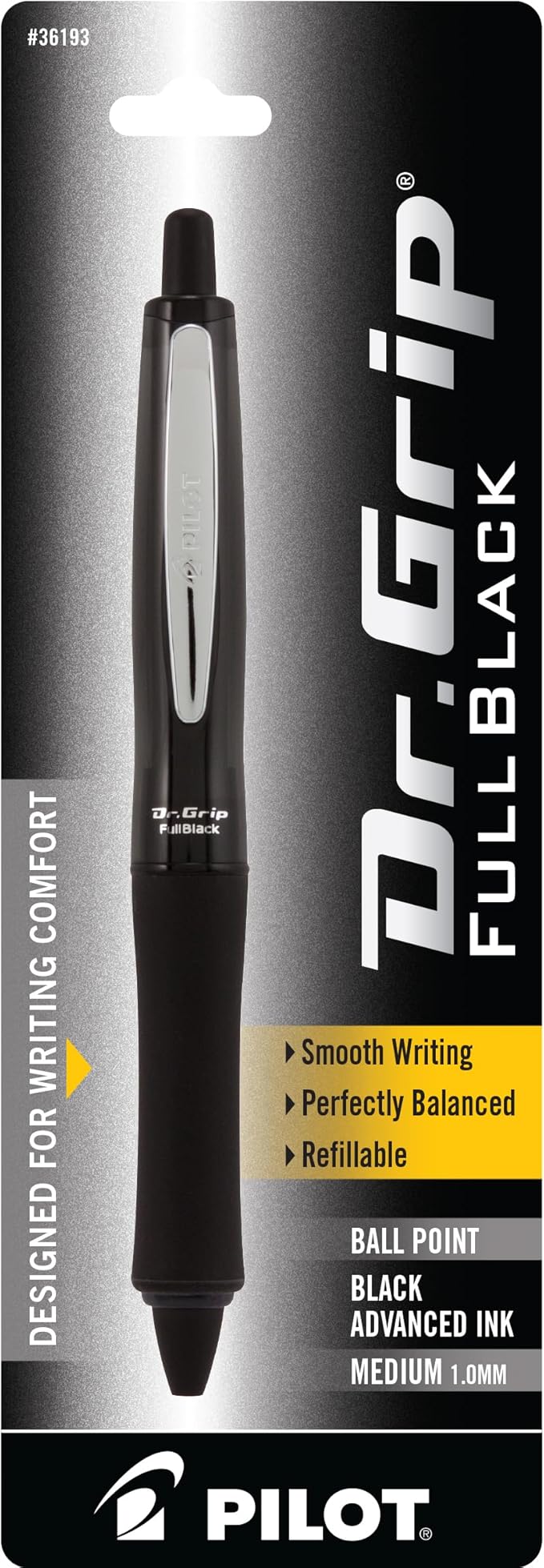 PILOT Dr. Grip FullBlack Refillable & Retractable Gel Ink Rollerball Pen, Medium Point, Black Ink, Single Pen (36193)- Ideal for School, Journaling & Office Writing