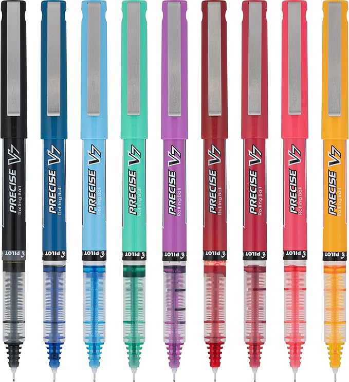 Pilot Precise V7 Capped Liquid Ink Rollerball Pens, Fine Point Ink Pens 0.7 mm, Colored Pens, Limited Edition Assorted Colors, Pack of 9 - Ideal for School, Journaling, & Office Writing