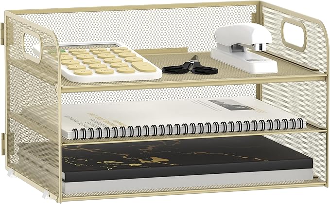 Supeasy 3 Tier Paper Organizer with Handle, Mesh Desk Organizer Letter Tray, Paper Tray File Organizer for A4 File Folder, Yellow