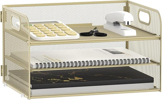 Supeasy 3 Tier Paper Organizer with Handle, Mesh Desk Organizer Letter Tray, Paper Tray File Organizer for A4 File Folder, Yellow