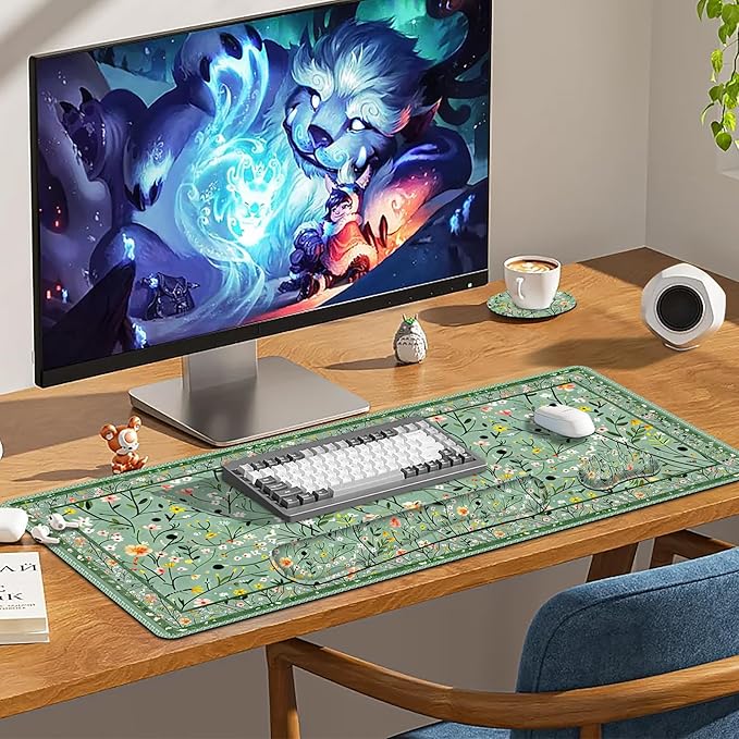 Floral Desk Mat, 4in1 Large Mouse Pad with Wrist Rest, Anti-Slip Desk Pad for Desktop, XXL Ergonomic Mousepad with Wrist Support for Keyboard and Mouse, Green Art Flowers