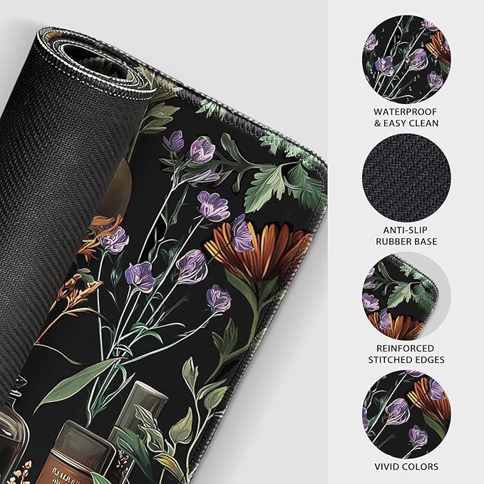 Large Gaming Mouse Pad 31.5x15.7 Inch, XXL Mousepad with Non-Slip Rubber Base & Stitched Edges, Extended Desk Mat for Computer/Laptop/Office/Home Goth Floral Black Mystical