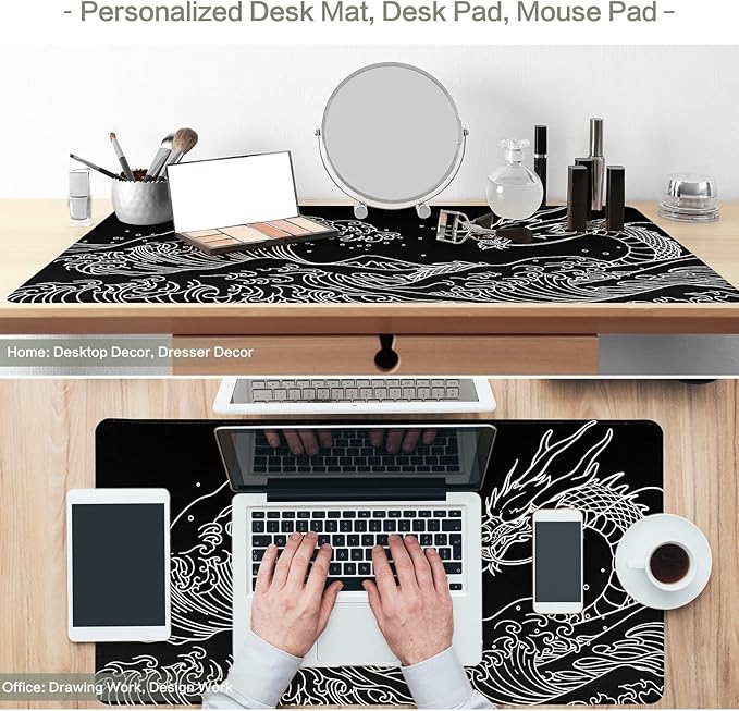 Dragon Mouse Pad Desk Mat Japanese Sea Wave Large Gaming Mouse Pad Anime Desk Pad Mousepad XXL Extended Keyboard Mat Black Mouse Mat, Waterproof, 31.5x15.7 in
