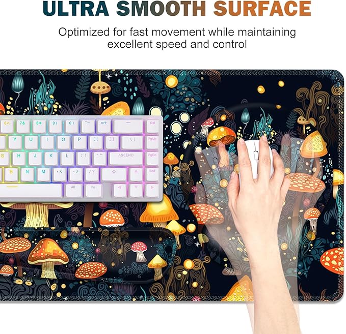 Gaming Mouse Pad, Large Desk Mat, Cute Desk Pad Protector, 4in1 XXL Mousepad + Keyboard Wrist Rest+Mouse Wrist Rest+Coaster Set with Ergonomic Desk Pad for Home Office Table Computer, Lovely Mushroom