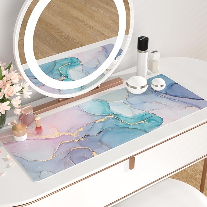 QiyI Large Mouse Pad, PU Leather Desk Mat for Desktop, Waterproof Gaming Pad, Marble Full Desk Accessories Keyboard Mousepad, Abstract Art Home Office Décor 31.5" x 11.8" - Blue Pink Fluid