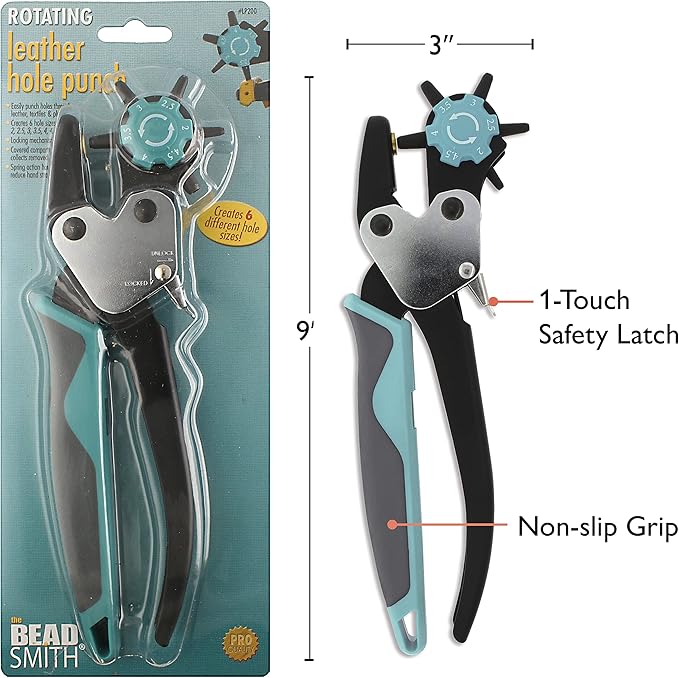 The Beadsmith Rotating Ergonomic Leather Hole Punch, Six Hole-Size Options, Leather Crafts and Jewelry-Making Supplies