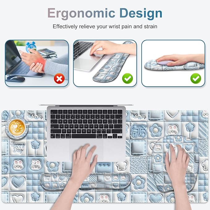 4 in 1 Large Mouse Pad, Keyboard Wrist Rest Set, Ergonomic Mouse Pad with Wrist Support, Desk Mat with Stitched Edges Extended Desk Pad Waterproof Desk Mat for Home Office Game I Cute Rabbit Baby Blue