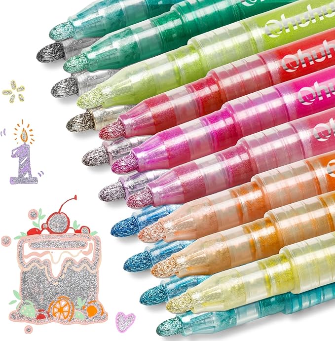 Ohuhu Outline Markers 18 Colors: Shimmer Metallic Double Line Drawing Pens for Adults Beginners Fun Crafts Art Supplies Gift Idea for Birthday Greeting Cards Glass Rock Plastic