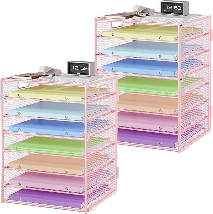 Paper Organizer with Handle Metal Mesh File Sorter Large Capacity Desk Organizers Paper Letter Tray Desktop Document Sorter for Office or Home2 Pack 8 Tier Pink Storage for Desk