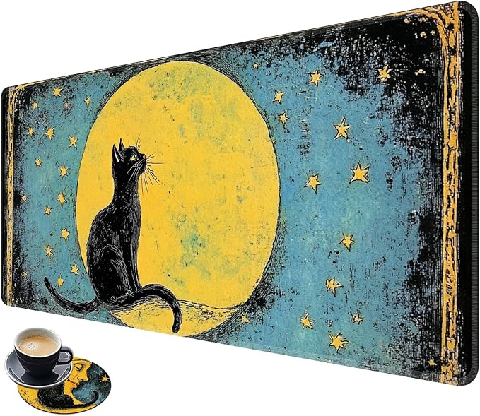 Desk Mat Large Gaming Mouse Pad (31.5x11.8 inch) with Stitched Edges, XL Mouse Pad +Coaster, Extended Mouse Mat Keybroad Mousepad Non-Slip Rubber for Gamer Men Women, Black Cat Moon