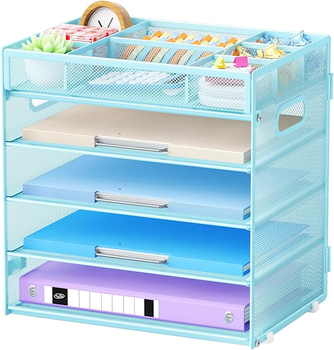 Marbrasse 5-Tier Letter Tray Paper Organizer with Handle, Multi-Functional Mesh File Organizer for Desk, Adjustable Compartments Mesh Desktop Storage for Office Supplies,Blue
