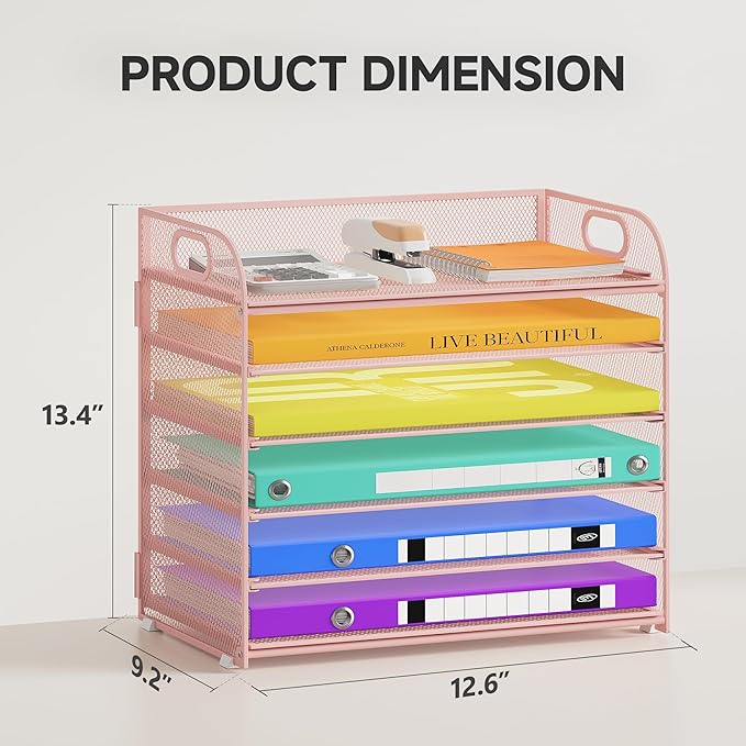 6 Tier Paper Organizer with Handle, Metal Desk Organizer Mesh Paper Letter Tray Desktop File Folder Document Sorter for Classroom, School, Office Accessories Organization and Storage - Pink