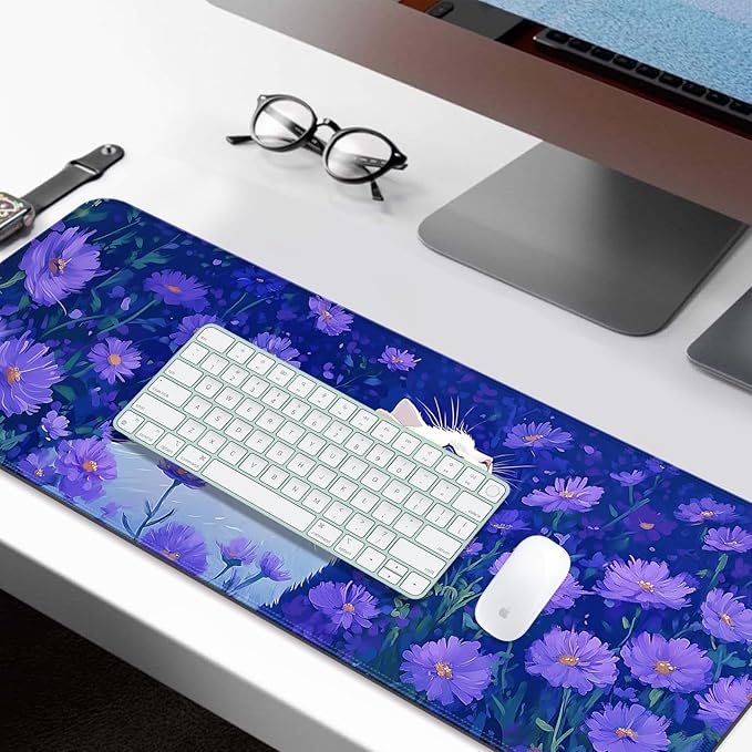 Cute White Cat and Purple Daisy Gaming Desk Mat, Computer Keyboard Large Extended Long Flower Mouse Pad for Office and Home, XL (W25)