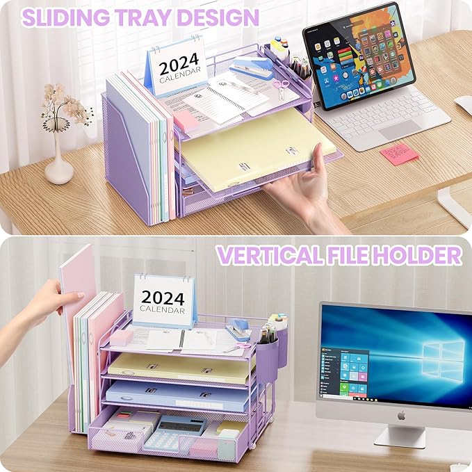 Desk Organizer and Accessories, 4-Tier Desktop File Organizer with Drawer and 2 Pen Holders, Office Desk Accessories for Office Supplies(Purple)