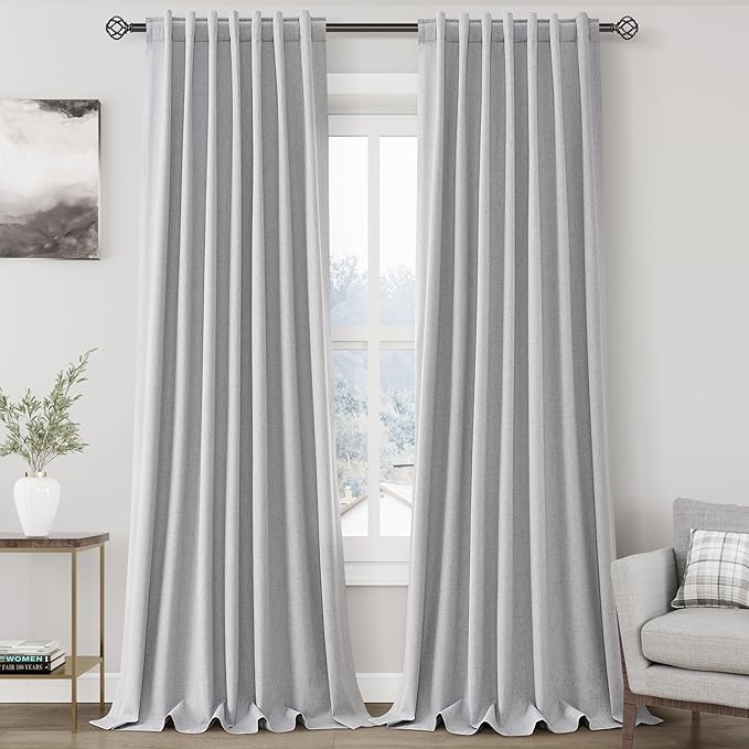 100% Blackout Linen Curtains 102 Inches Long 2 Panels Set for Bedroom Grey Back Tab Black Out Curtains Modern Urban Noise Cancelling Total Light Blocking Window Curtains 102 Length 52X102