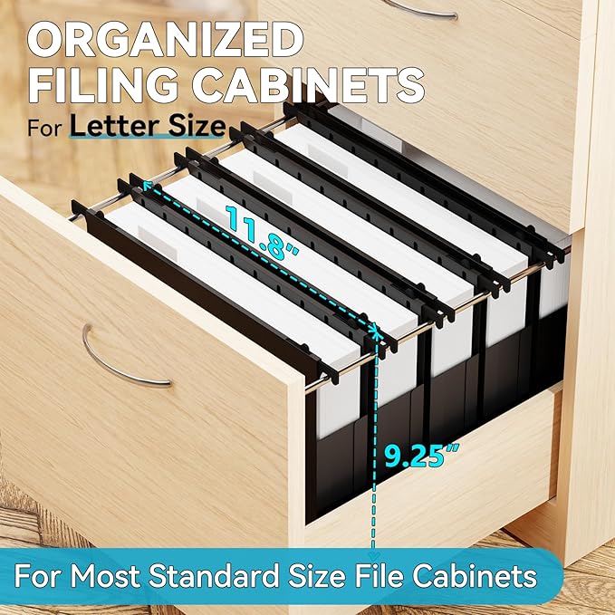 Plastic Hanging File Folder Expandable,Letter Size,Upgraded 2" Expansion Accordian Pocket,12 Pack Extra Capacity Hanging Folders,Adjustable Tabs,No Assembly,Heavy Duty for Filing Cabinet,Black