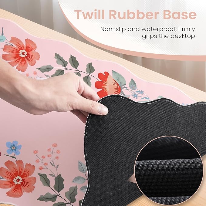 HAOCOO Desk Pad Mat, Pink Scalloped Desk Pad, Computer Desk Mat, Non-Slip Desk Pad for Keyboard and Mouse, Large Desk Mouse Pad with Egde Stitched, Waterproof Floral Keyboard Mat for Office (Hot Pink)
