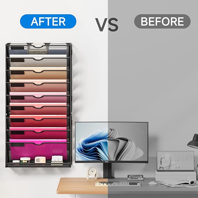 Lavatino 10-Tier Hanging Wall File Folders Organizer - Black Metal Mesh Paper Magazine Document Mail Holder File Organizer for Office School Home Wall Mount or Desk Supplies Organization