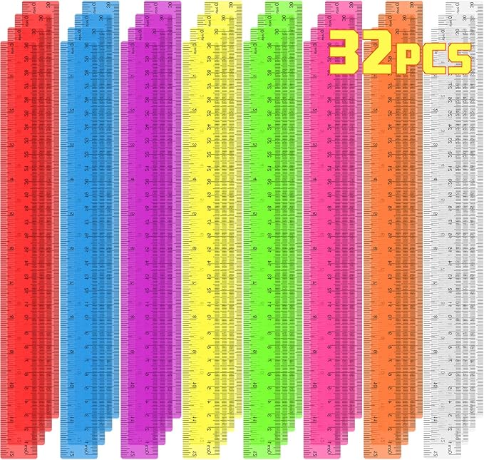 32 Pack Clear Plastic Ruler 12 Inch, Rulers Bulk for Classroom, Transparent Assorted Color Ruler with Centimeters and Inches, Metric Rulers for Kids, Ideal Back to School Office Home Supplies