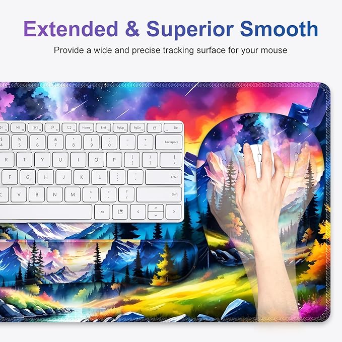 4 in 1 Large Mouse Pad, Keyboard Wrist Rest Set, Ergonomic Mouse Pad with Wrist Support, Desk Mat with Stitched Edges Extended Desk Pad Waterproof Desk Mat for Home Office Game I Landscaping Mountain